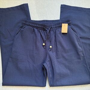 NWT Poplooks Navy Blue Linen Cotton Blend Pants